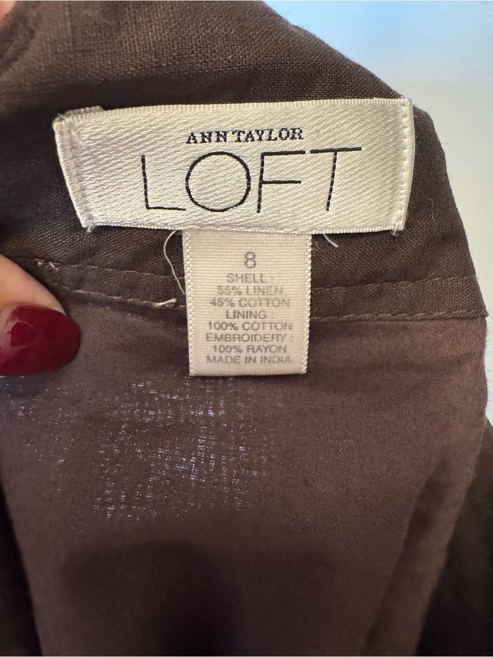 🌸Bohemian Linen blend Midi Rich Brown Skirt with Floral Embroidery size 8 LOFT - Picture 6 of 8